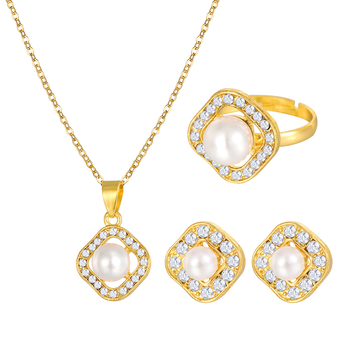 A new cross-border fashion, creative and high-end design set of square imitation pearl earrings, rings and necklaces with rhinestones full figure