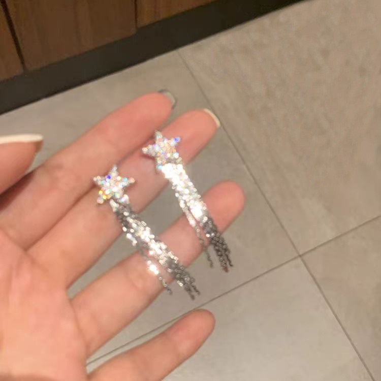 925 Silver Needle Super Sparkling Star Tassel Earrings, a niche design for women with a high-end feel, 2024 new trendy earrings details Picture