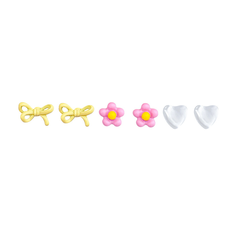 Exquisite heart-shaped bow stud earrings, cute girl's colorful earrings, niche design sense, versatile set of earrings, silver needles Item Picture