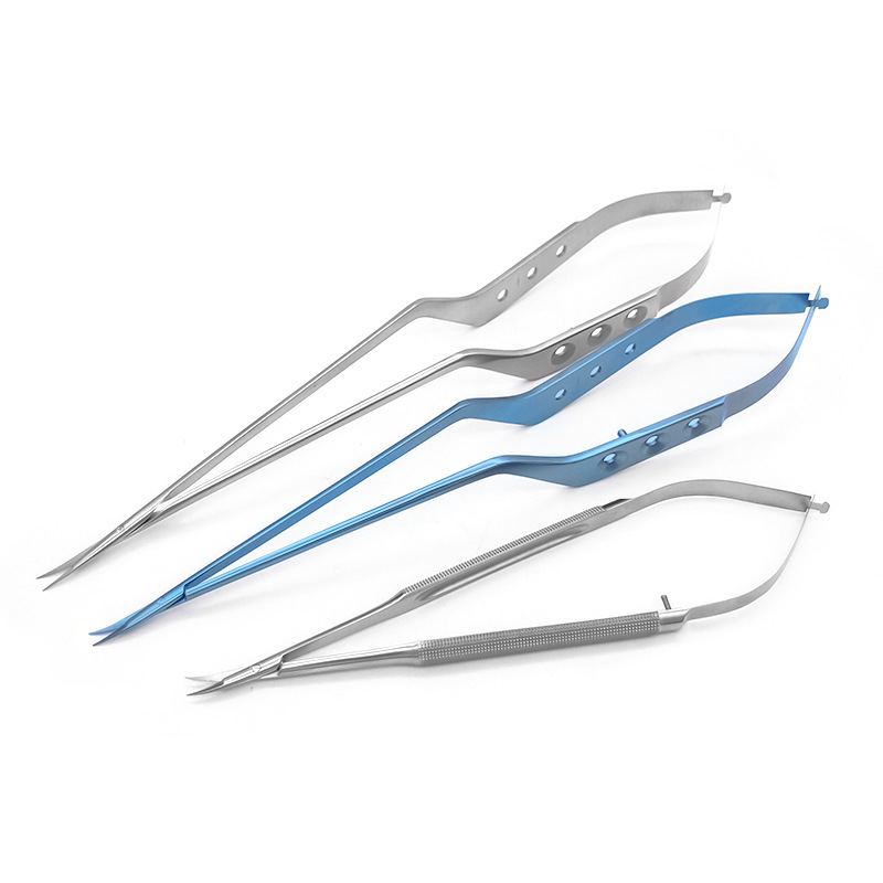 The uphill type micro-scissors are used for forward cutting of coronary arteries, gun-shaped micro-scissors, and stainless steel crescent-shaped scissors Item Picture