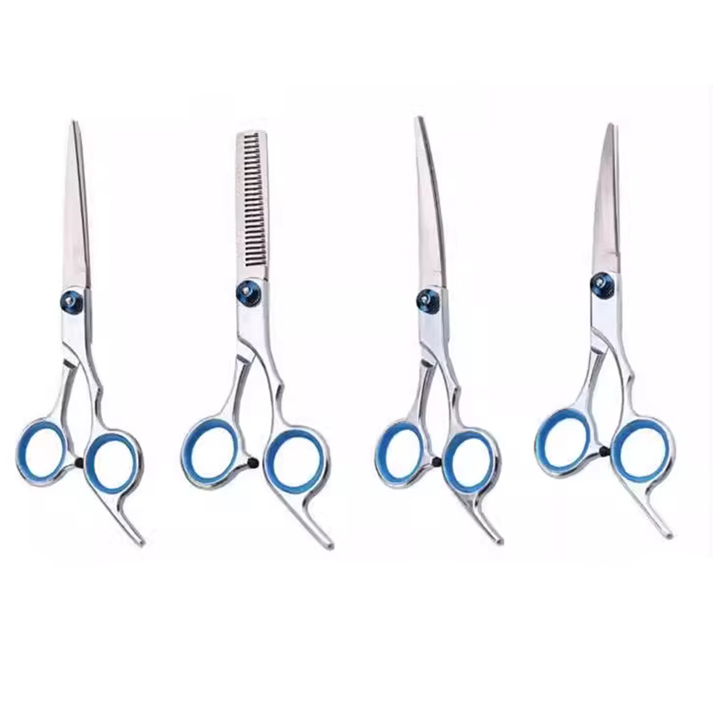 Pet scissors set, dog scissors, hair scissors, flat scissors, curved scissors, teeth scissors, upper and lower curved scissors, fish mouth scissors, blue caps, pink caps wholesale details Picture