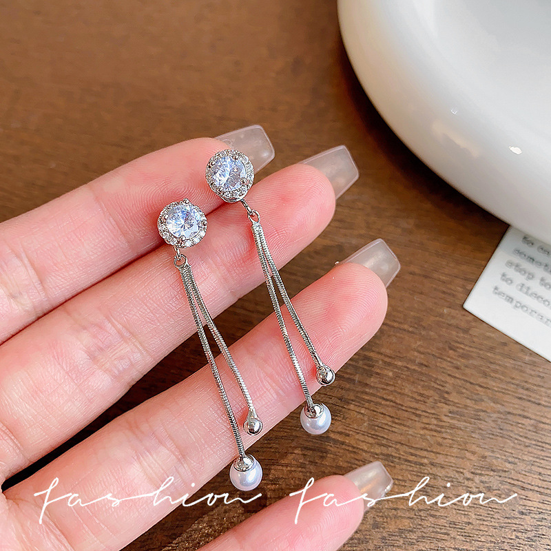 Micro-inlaid zircon flower tassel pearl stud earrings for women, light luxury, niche and high-end style earrings, long and personalized European and American earrings details Picture