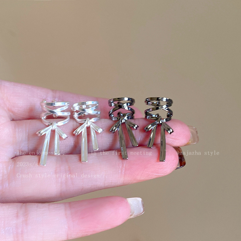 Pure white ribbon ear bone clips, unique and niche earrings, Korean high-end style, ballet-style bow ear pendants, for women details Picture