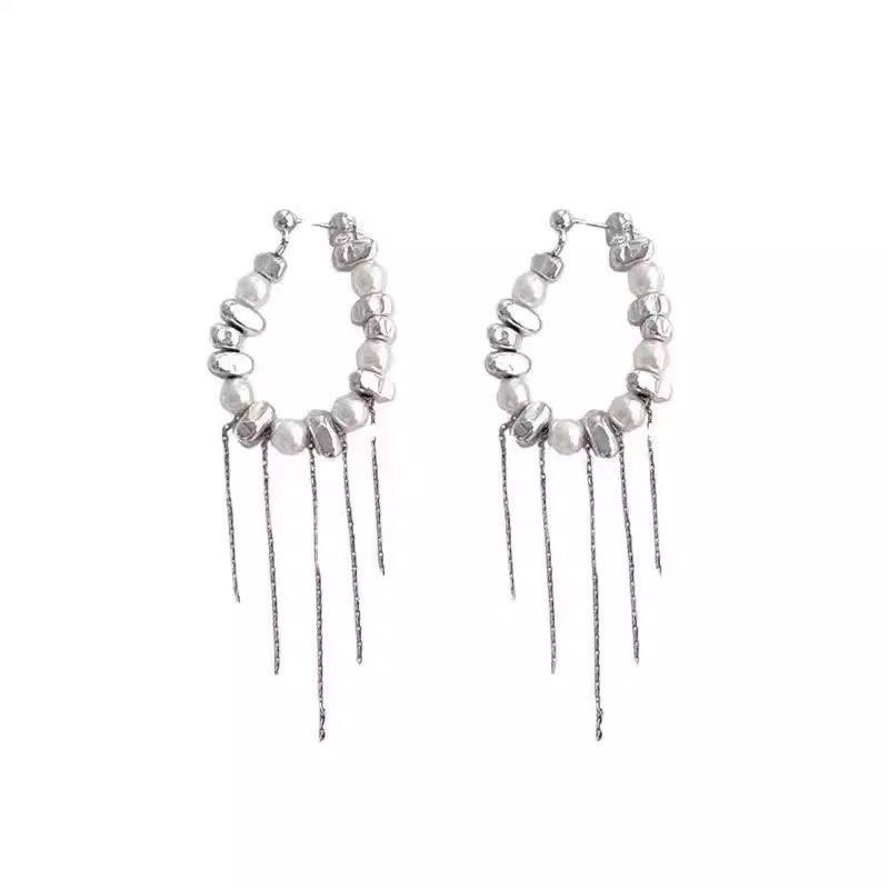 French silver pearl long tassel earrings, a niche design that slimming, fashionable and elegant, are a versatile earpiece for commuting Item Picture