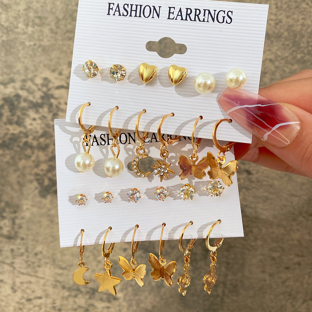 A new cross-border star Moon Snake earring set of 6 pairs from Europe and America, featuring creative and simple butterfly earrings with standing diamond stud earrings full figure