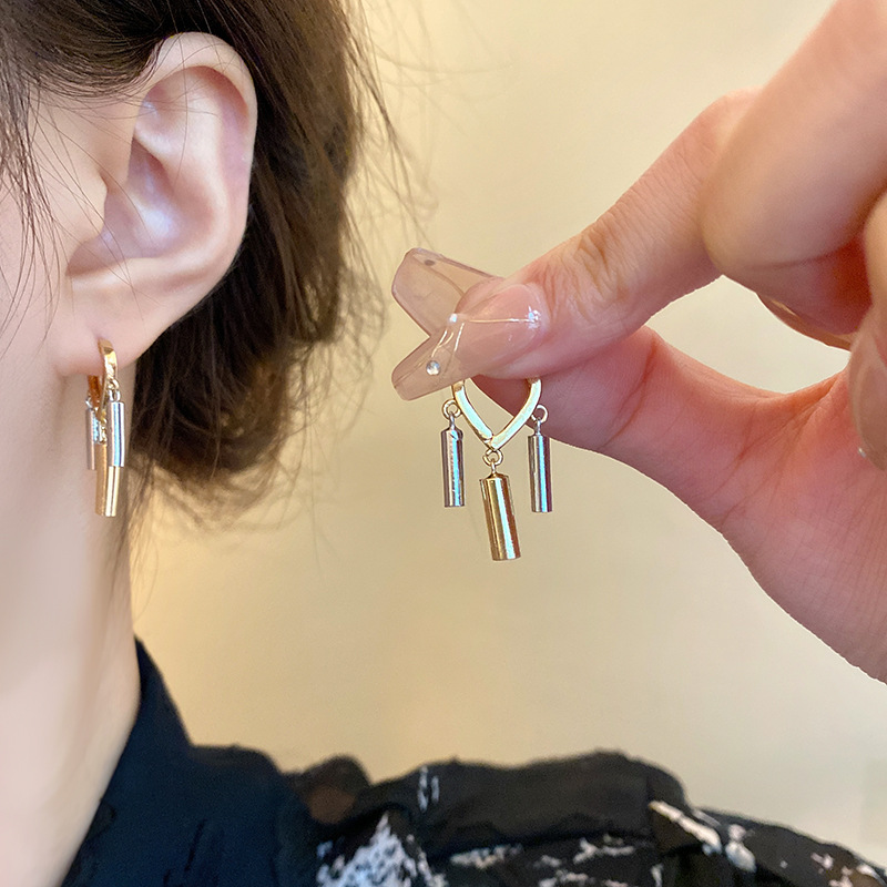 European and American cold style cylindrical tassel ear buckles, women's niche, simple and elegant, internet-famous earrings, high-end new earrings details Picture