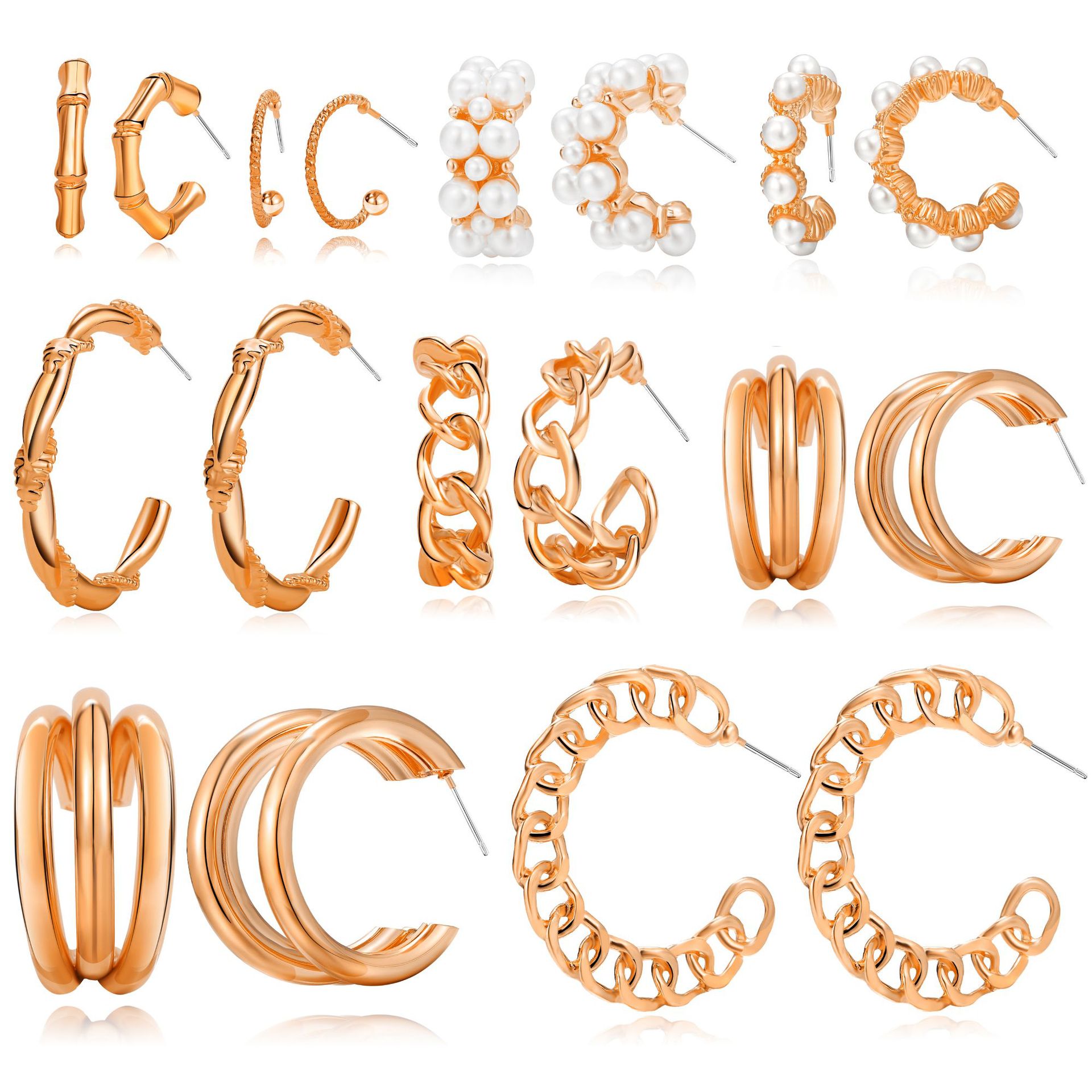 A set of 9-piece exquisite and high-end earrings in rose gold with a unique C-shaped style, exuding a sense of light luxury and sophistication full figure