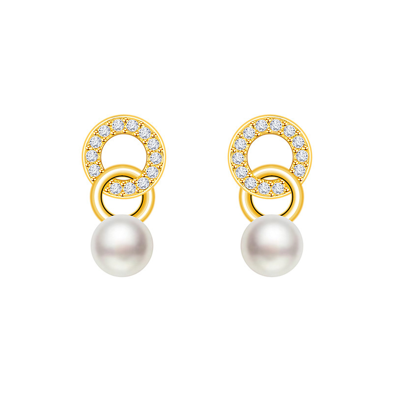 Silver needle micro-inlaid zircon double-ring pearl stud earrings 2024 new bestseller Niche design super shiny earrings for women Item Picture