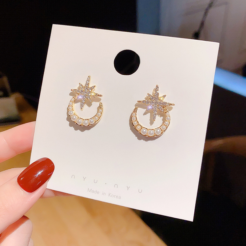 S925 Silver needle hexagonal star Moon Pearl Stud earrings for women, small, simple and cold style, new Instagram trend details Picture