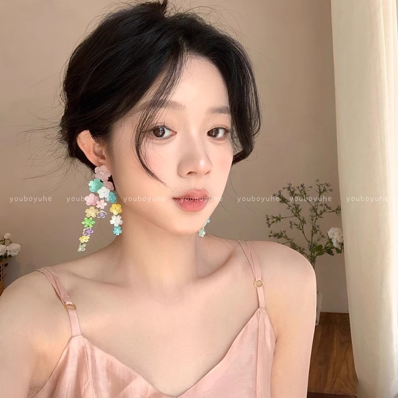 Colorful flower fresh and delicate earrings for women, dopamine Sen-style sweet stud earrings, high-end and vacation-style earrings Specification drawing