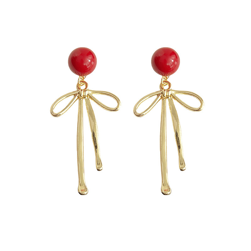 After autumn, the women's Anke pendant earrings with red bow pearl stud earrings exude a unique, light luxury and high-end charm Item Picture