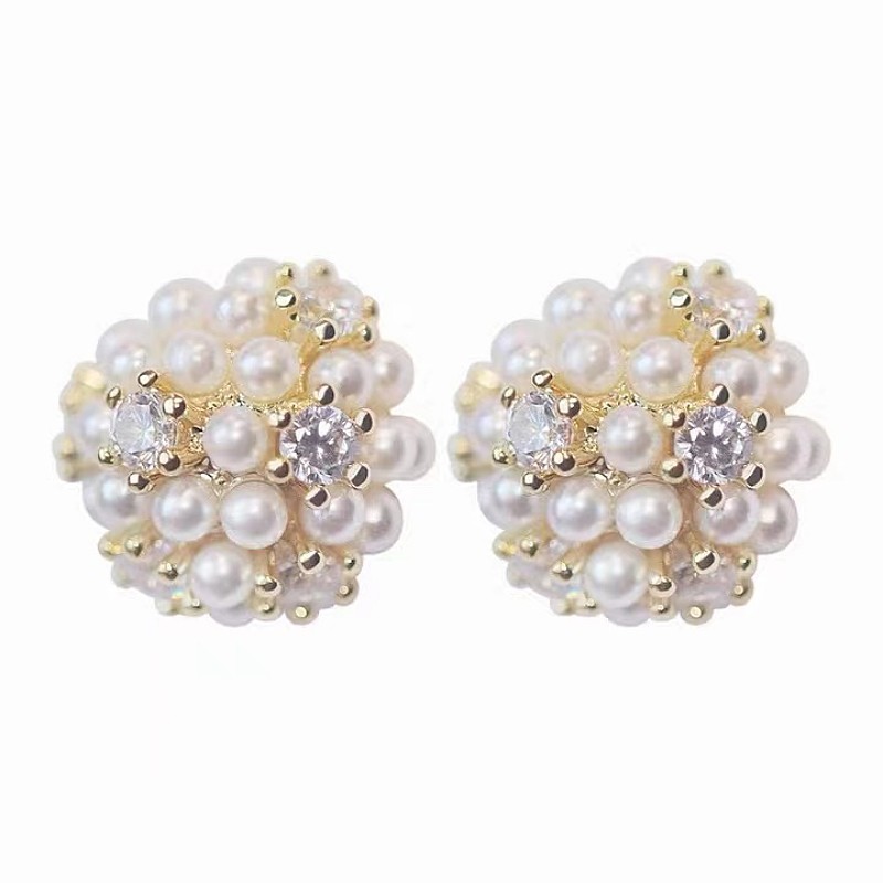 S925 Silver Needle French retro flower fairy Pearl Ball Earrings, a versatile, personalized and fashionable stud accessory for women Item Picture