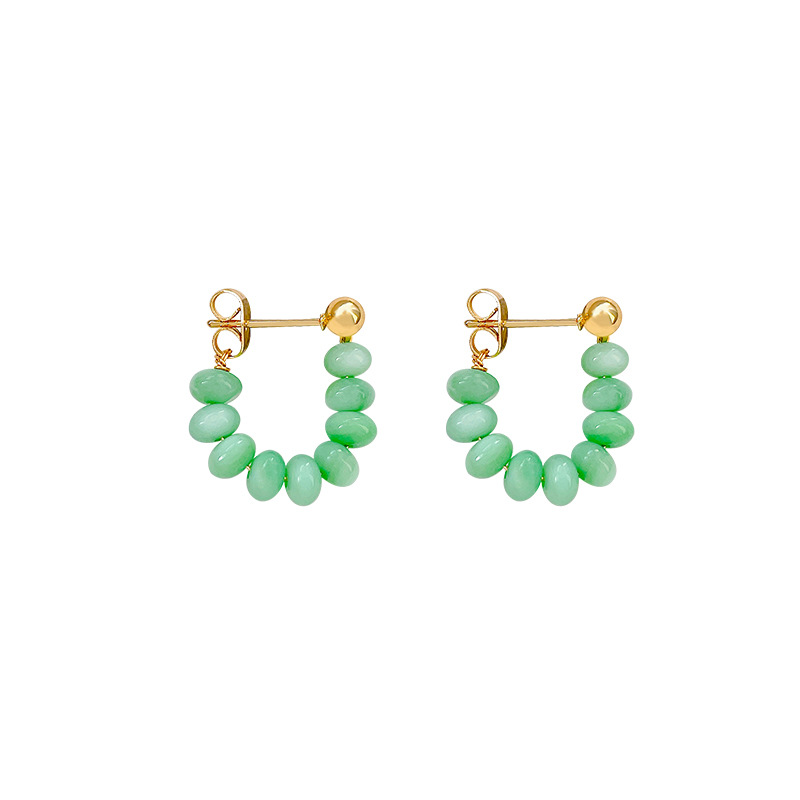 Forest-themed geometric retro style green circle earrings, unique beaded high-end ear rings, Hong Kong-style feminine whitening earrings Item Picture