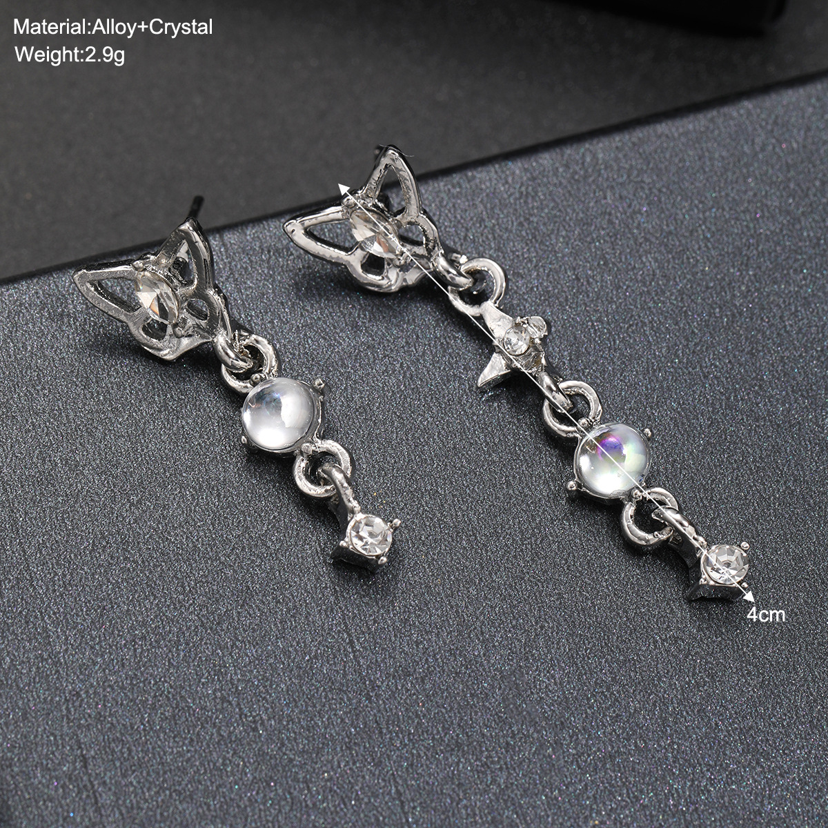 New cross-border fashion, light luxury, niche and high-end asymmetrical butterfly moonstone earrings, elegant and small women's earrings Specification drawing