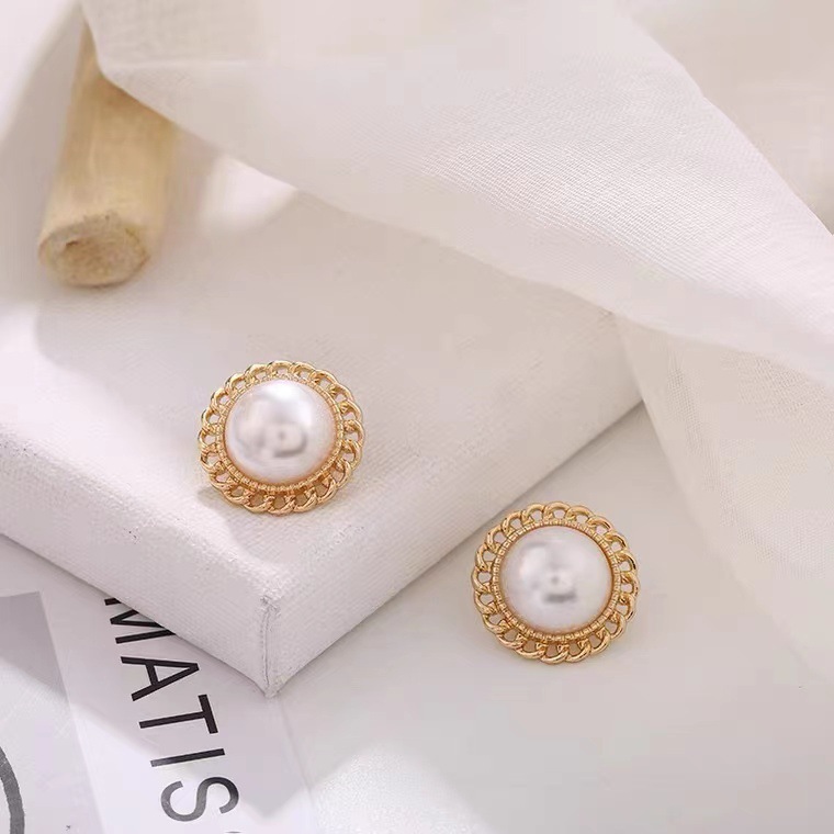 S925 Silver Needle Sweet Korean-style round pearl stud earrings, women's geometric light luxury hollowed-out earrings, simple and fashionable earrings full figure