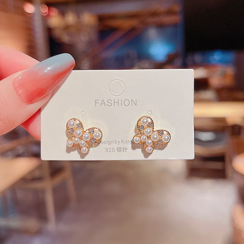 S925 Silver Needle Korean Edition Summer New simple butterfly Zircon pearl Stud earrings for women, super fairy-like design for women full figure