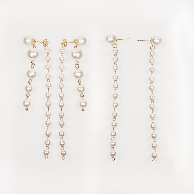 925 Silver Needle Long tassel pearl earrings, European and American exaggerated design pearl earrings, fashionable and individual earrings for women details Picture