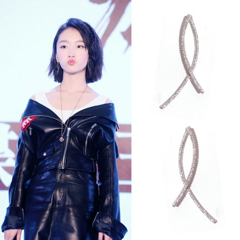 Korean version Dongdaemun earstud long cross fishline fishtail diamond-encruffled earrings, simple and elegant earline style Specification drawing