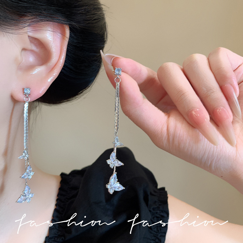 High-end, light luxury, super ethereal zircon butterfly earrings, 2025 new style, trendy, long tassel earrings for women details Picture