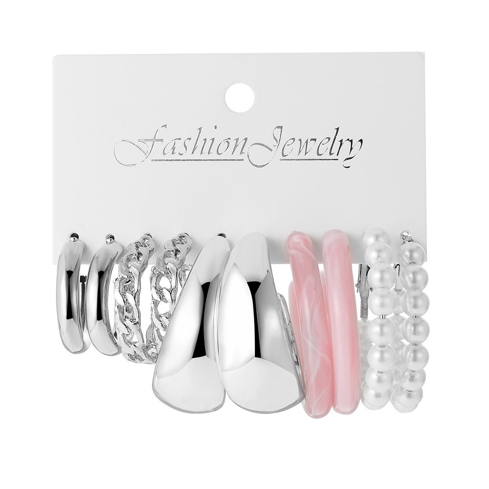 A new cross-border minimalist insC chain imitation pearl resin earrings 5-piece set of European and American fashionable earrings Item Picture