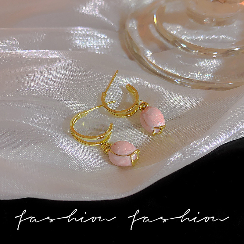Oil paint-like glazed pink flower earrings, long tulip earrings for women, fresh and French style, simple stud earrings Specification drawing