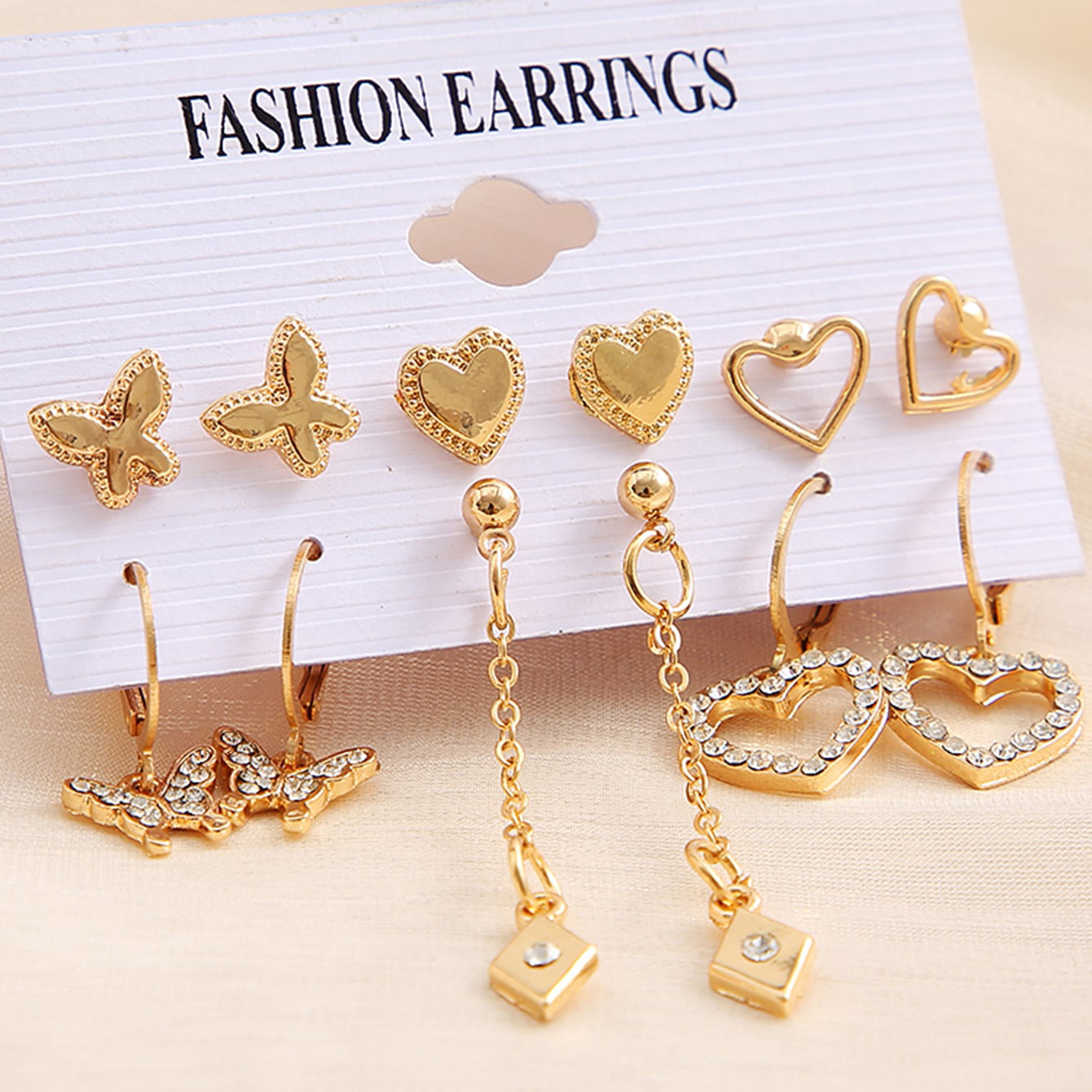 Cross-border retro metal heart Diamond earrings set of 6 pairs of creative full diamond butterfly hollowed-out heart pendant earrings Specification drawing