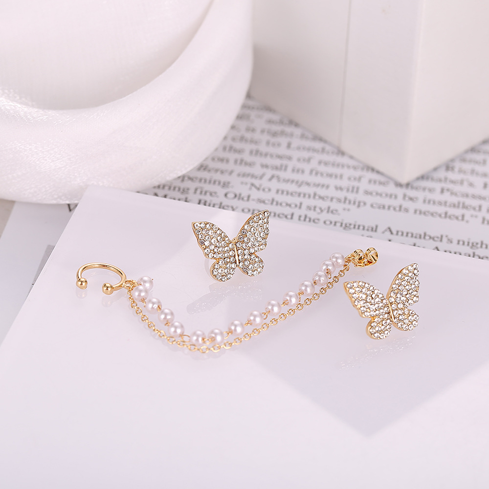 New cross-border full-diamond butterfly stud earrings, creative and simple imitation pearl chain ear clips, fashionable dot diamond earrings 2-piece set Specification drawing