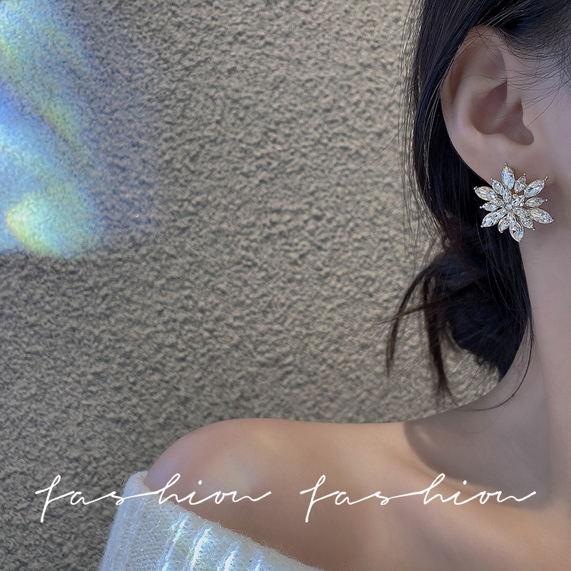 Super sparkling snowflake flower earrings, high-end, exquisite, fashionable and elegant. Stud earrings, personalized and versatile, with a sense of design. Wholesale of earrings Application Scenario