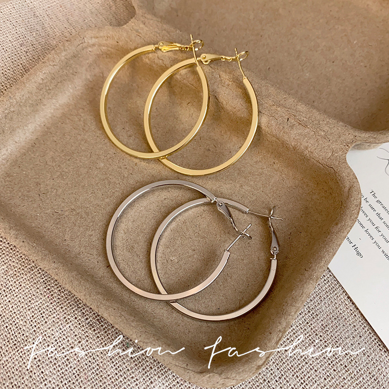 Korean trend ins style simple silver needle metal smooth square ring ear buckle light luxury commuter earrings, high-end women's earrings details Picture