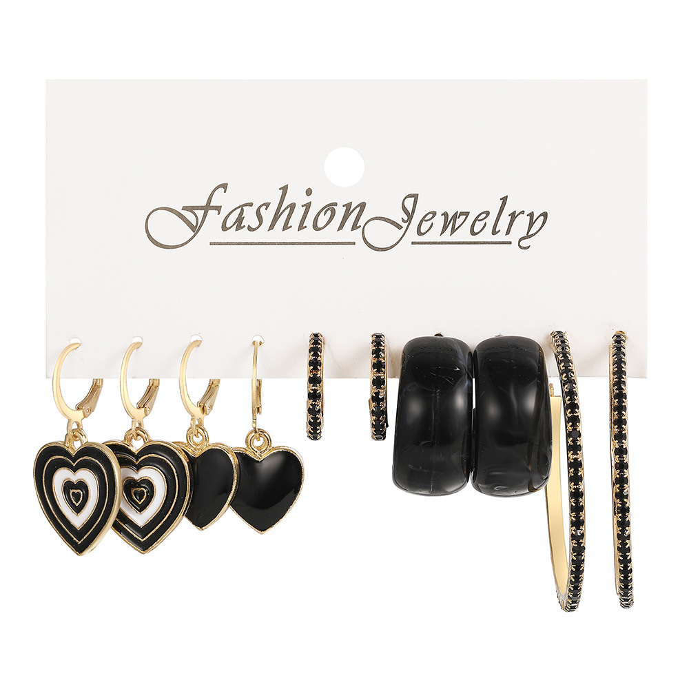 Creative green oil-dripping heart-shaped pendant earring set of 5 pieces, acetic acid ear ring with water diamond C-shaped earrings wholesale details Picture