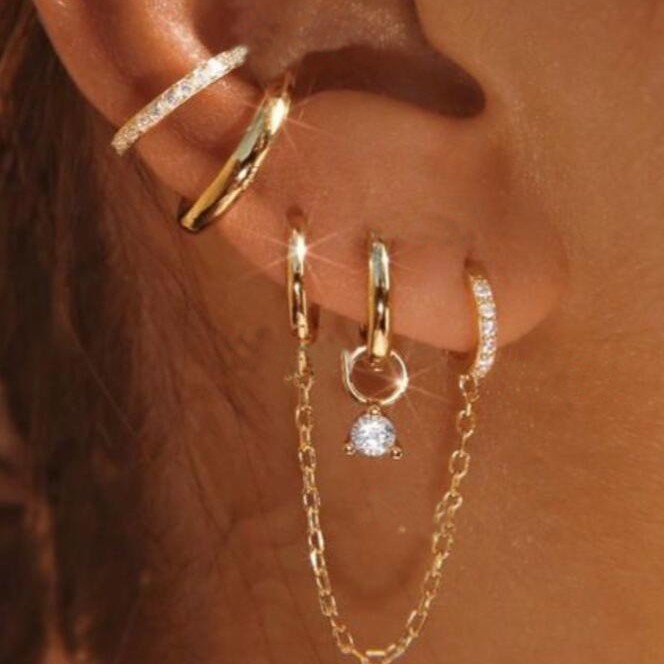 European and American cross-border creative diamond zircon copper earrings 3-piece set, ear ring chain earrings, light luxury high-end earrings for women full figure