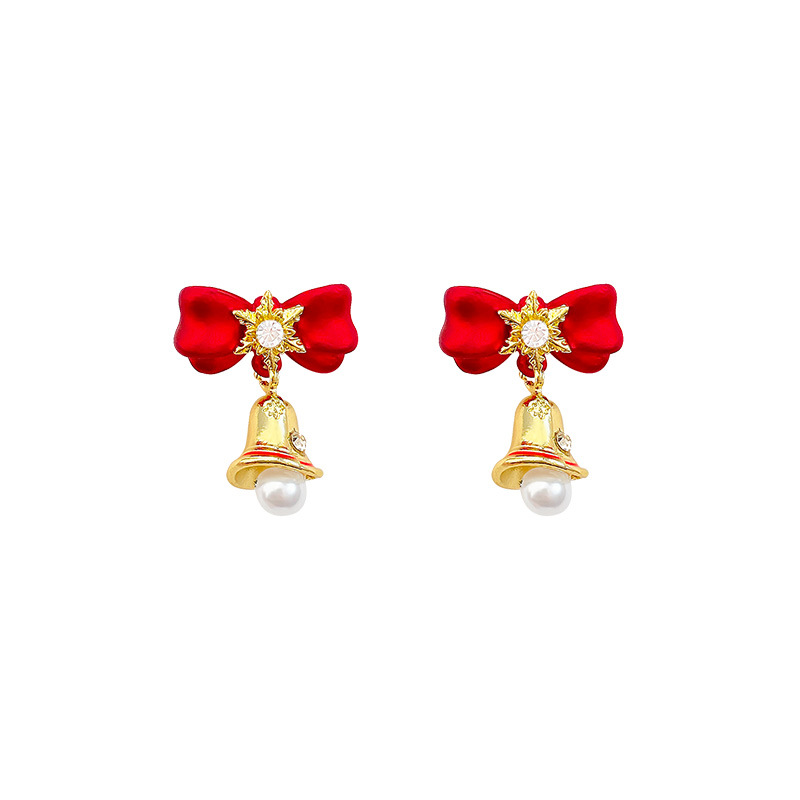Christmas silver needle diamond-encrusted snowflake bell pearl stud earrings with a light luxury design, red bow New Year earrings Item Picture