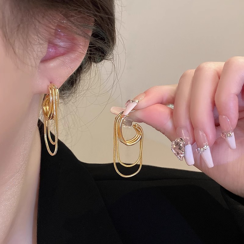 Light luxury and high-end double-layer chain tassel earrings, a niche design for women, versatile earrings, fashionable and unique earrings details Picture