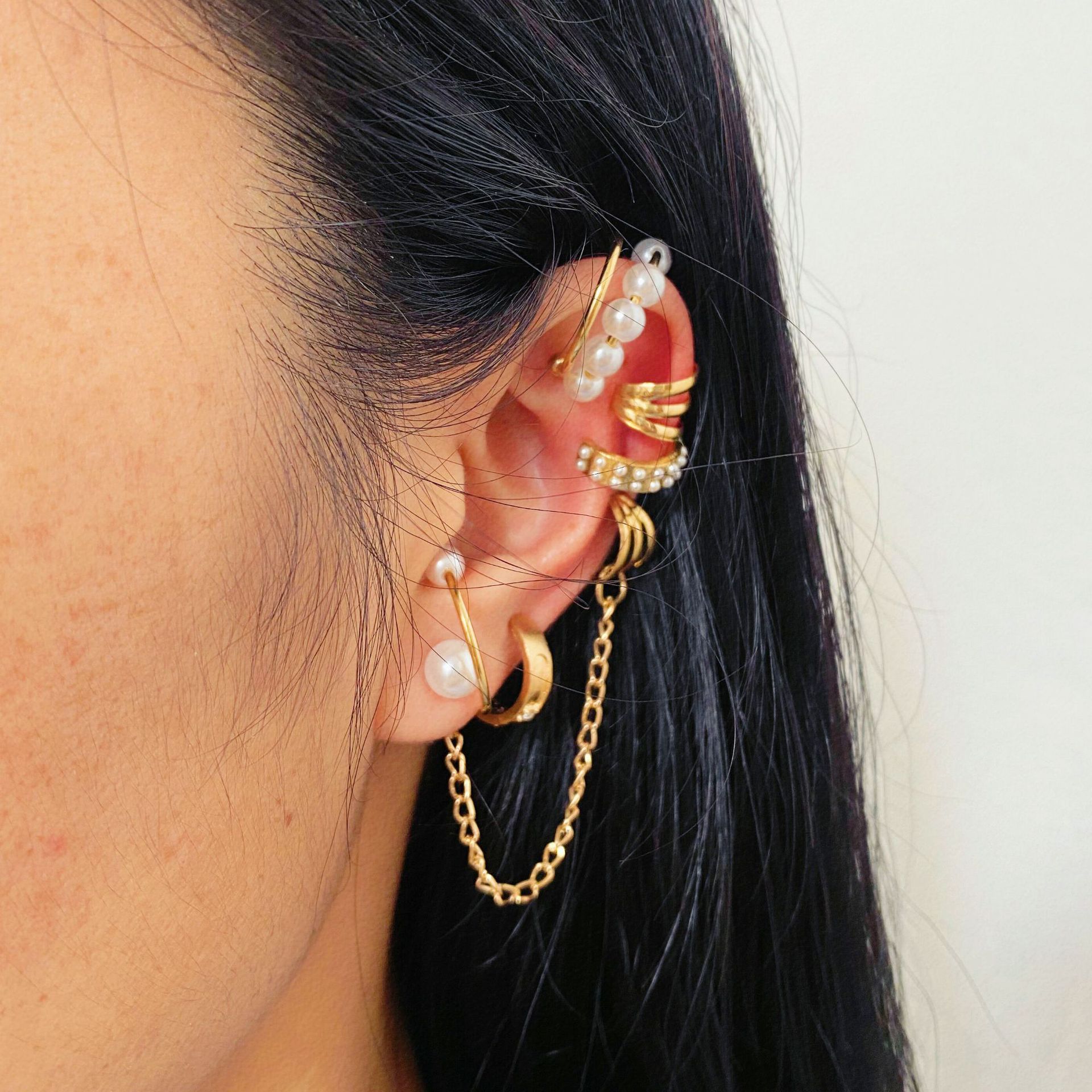 New best-selling creative imitation pearl tassel ear bone clips without ear holes, 8-piece set of large and small pearl ear clips Specification drawing