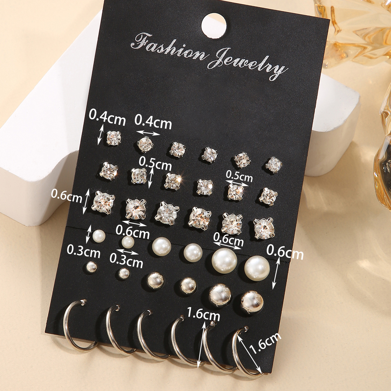 Wholesale of 18-piece new cross-border imitation pearl zircon ear stud sets from Europe and America, featuring a creative, retro, simple and elegant style Specification drawing