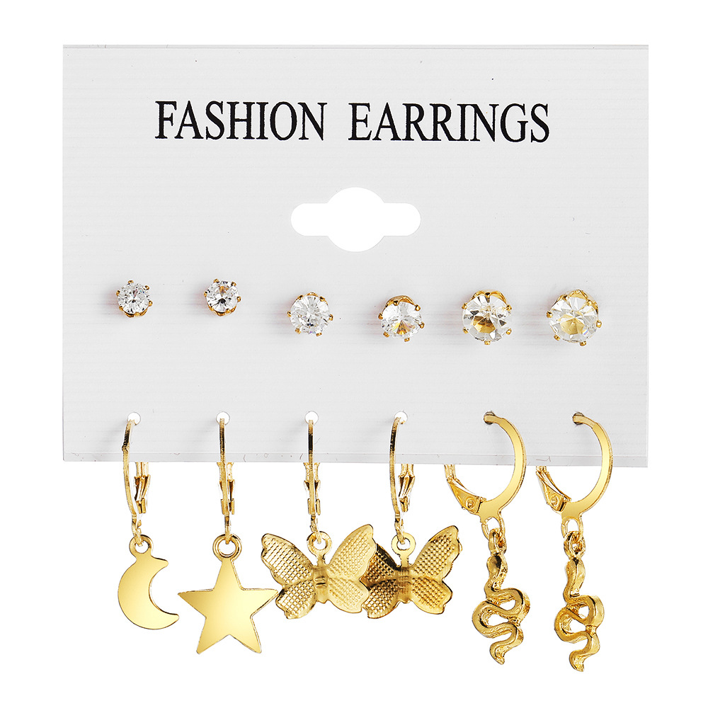 A new cross-border star Moon Snake earring set of 6 pairs from Europe and America, featuring creative and simple butterfly earrings with standing diamond stud earrings Item Picture