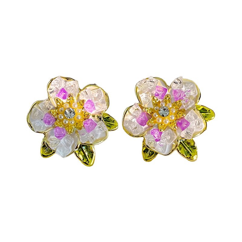 Purple and white gradient crystal cherry blossom earrings for women, a light luxury fashion, unique personality, versatile and fresh flower earrings Item Picture