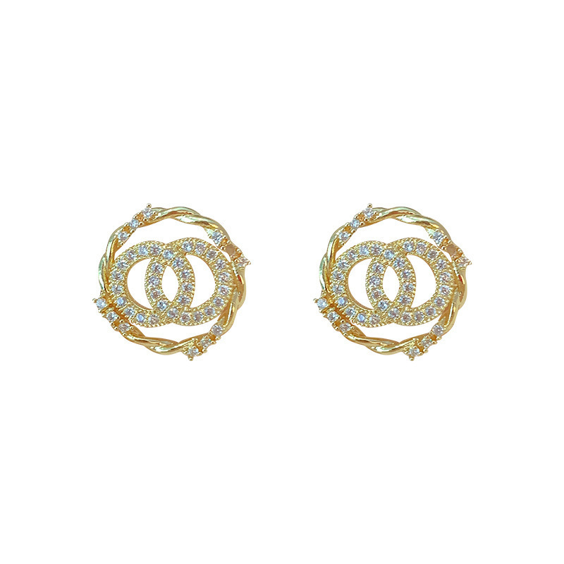 S925 Silver needle double-ring diamond-encruted, minimalist and fashionable ear studs, a unique and versatile Korean earpiece that is the same as a trendy accessory for Internet celebrities Item Picture