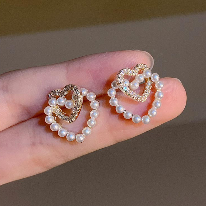 S925 Silver Needle Korean Double Heart Pearl Earrings, Little Chanel style, fashionable and internet-famous style earrings, stud earrings for women Specification drawing