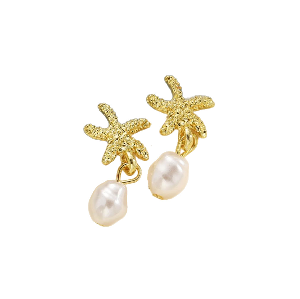 European and American cross-border best-selling imitation pearl pendant earrings, starfish and scallop stud earrings, fashionable beach gold jewelry earrings for women Item Picture