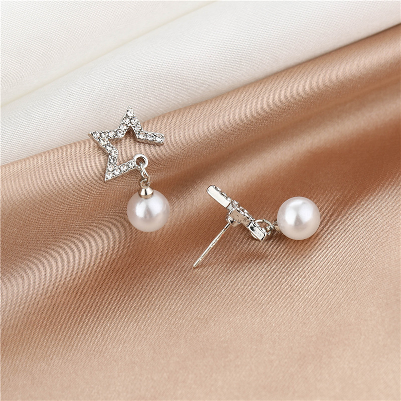 925 Silver Needle Korean five-pointed star pearl pendant, versatile and elegant female Internet celebrity stud earrings details Picture