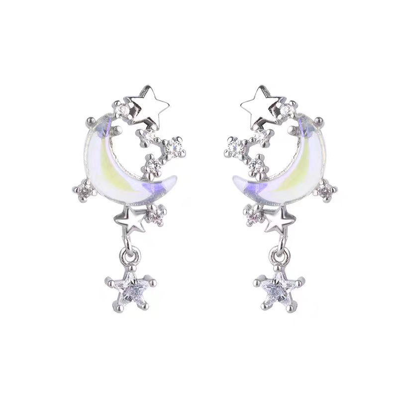 Silver needle, niche, sweet and cool, asymmetrical earrings, high-end design sense, star and moon stud earrings, sweet earrings for women wholesale Item Picture