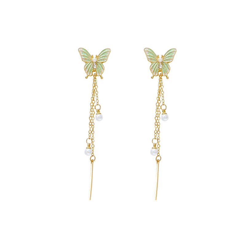 Light green super fairy butterfly tassel stud earrings, a niche design with a high-end and light luxury style, super fairy earrings Item Picture