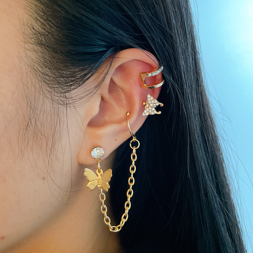 Wholesale of European and American earring sets with diamond butterfly ear clips insC type ear bone clips without ear holes and inlaid rhinestones full figure