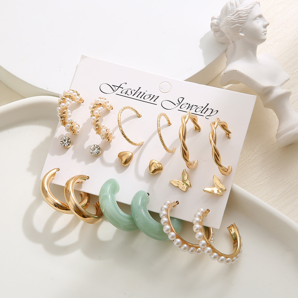 Cross-border acrylic C-shaped letter earrings, a retro inlaid imitation pearl earring set of 9 pieces, and creative twist ear loops Specification drawing