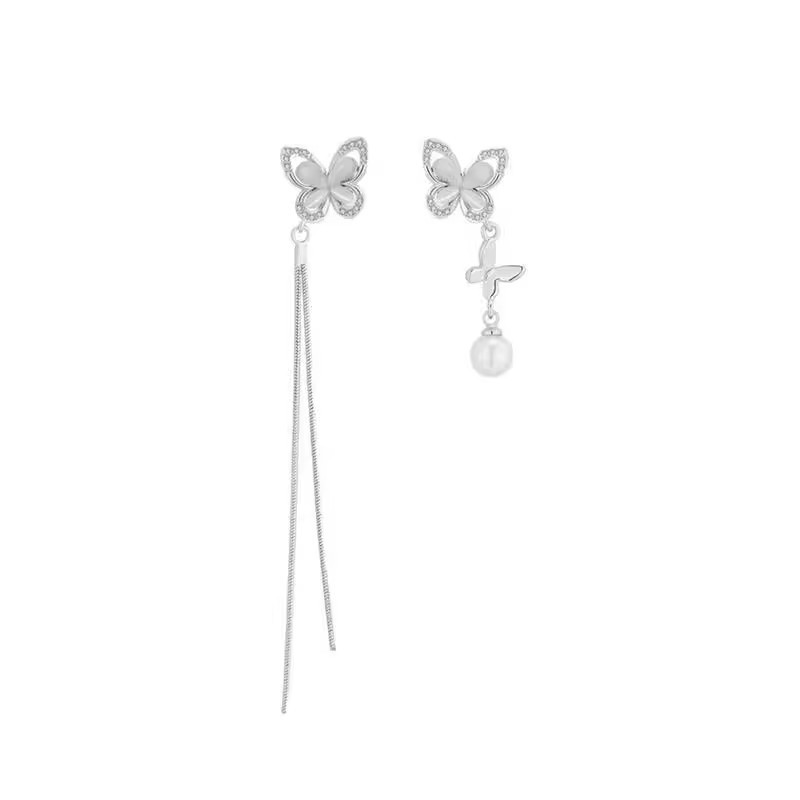 Korean-style asymmetrical tassel cat's eye stone butterfly earrings, summer high-end and light luxury style stud earrings, pearl earrings for women Item Picture