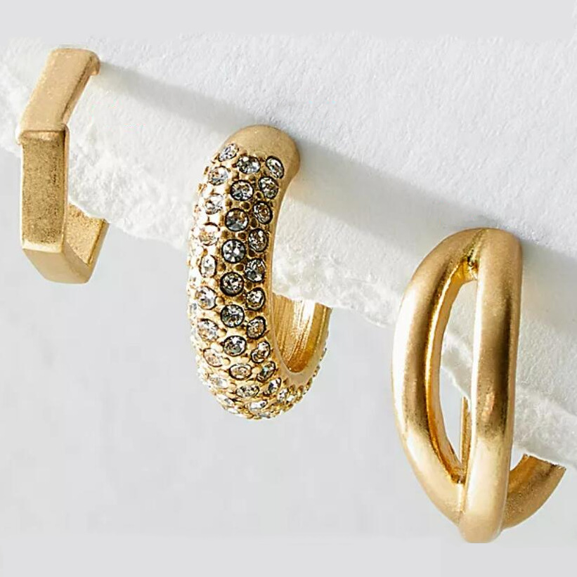 Cross-border fashion bestseller: 3-piece set of golden individual diamond-encrusted geometric C-shaped cross-ear earrings for women in Europe and America details Picture