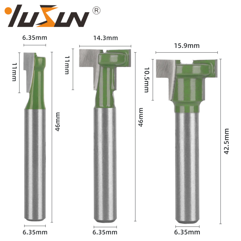 Yusheng keyhole knife green 6-piece set woodworking milling cutter, double-edge T-shaped slot knife, keyhole, photo frame hanging hole, and milling cutter Specification drawing