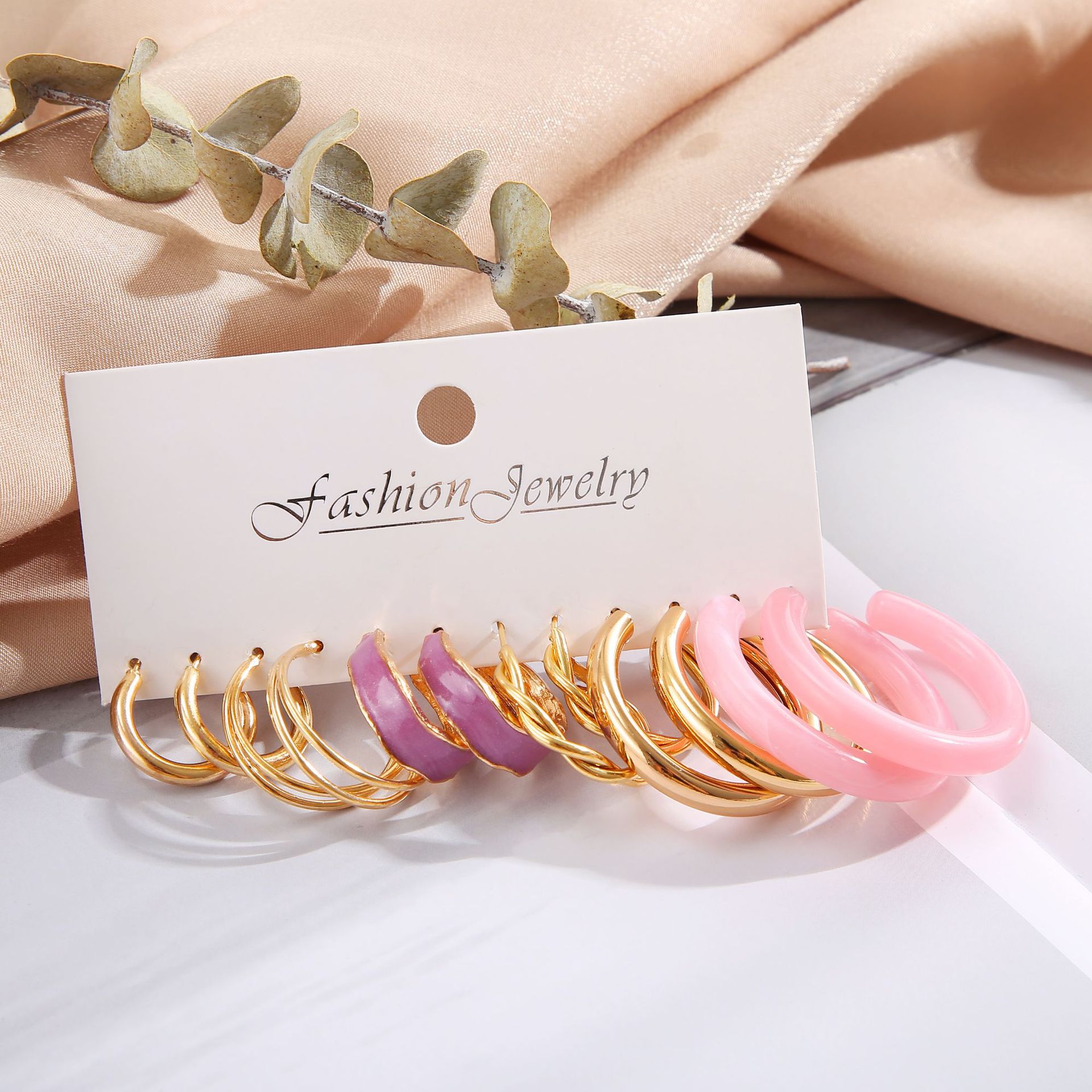 A new cross-border style of simple and fashionable pink acrylic earrings six-piece set, fresh and sweet, elegant ladies' chain earrings Specification drawing