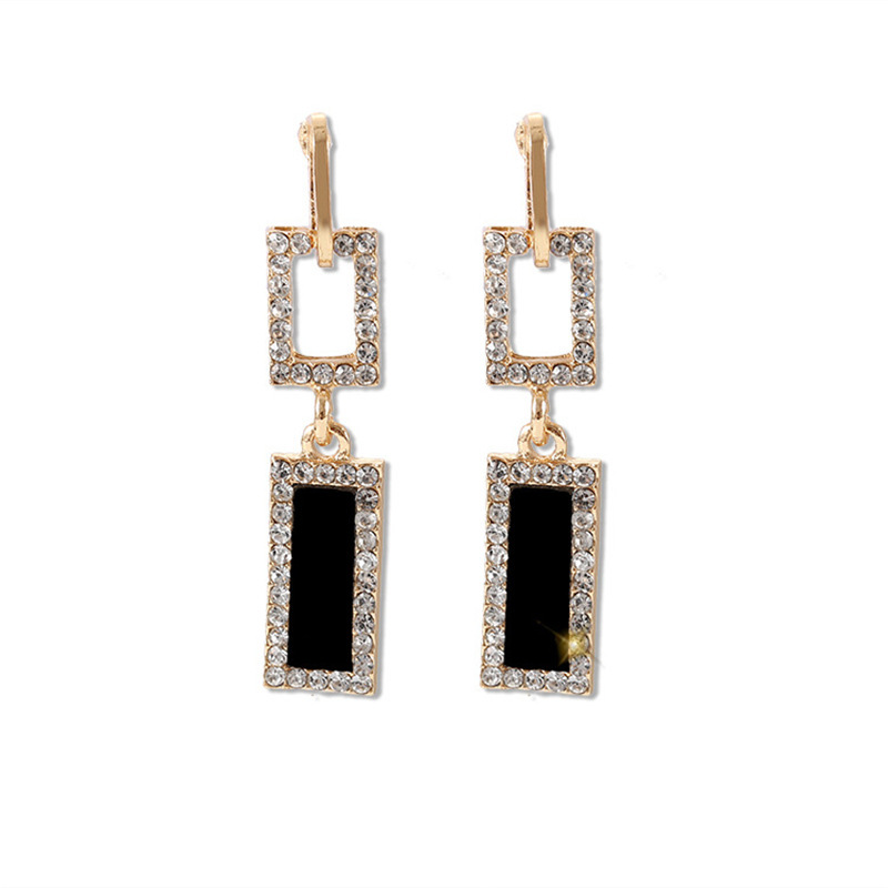 New silver needle geometric double-layer ear buckle trendy accessories, exquisite design, unique diamond-encrusted earrings, black rectangular earrings Item Picture